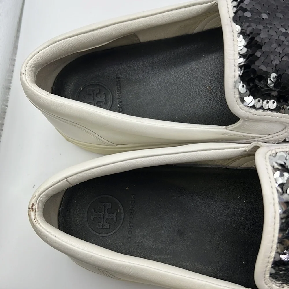 Tory Burch Carter Slip On Sneakers Loafers Shoes Sequins White Black Womens 10 - Picture 8 of 16